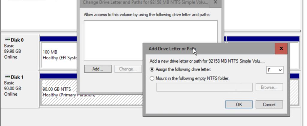 giving our extra disk a drive letter in Windows Server Core